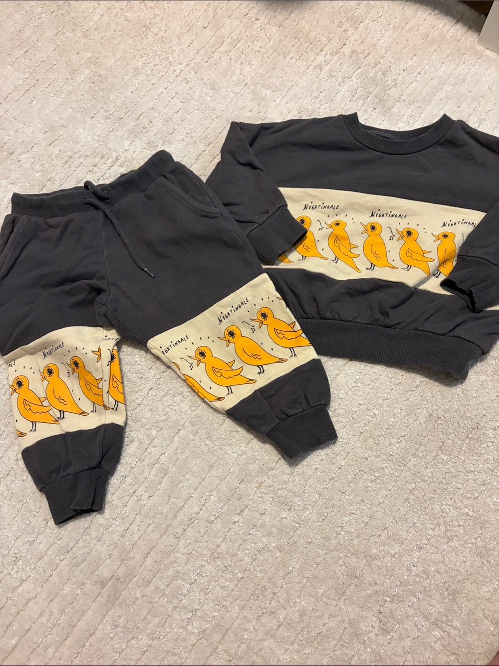 Mini Rodini Kids Charcoal Bird Sweatpants 12-18m